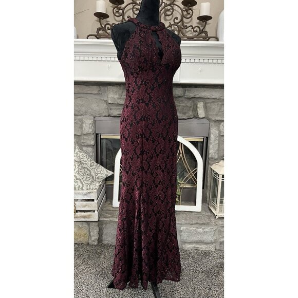 Vtg Y2K Lace Mesh Maxi Gown Prom Sz 8 Burgundy Black Mermaid Dress Whimsigoth - Picture 1 of 8
